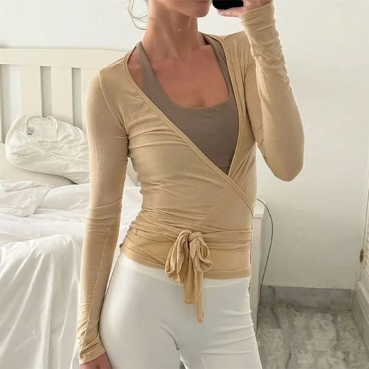 Elegant V Neck Cross Wrap Tie Top